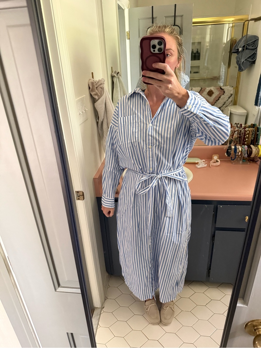 LOFT Light Blue and White Striped Maxi Shirt Dress - Picture 3 of 6